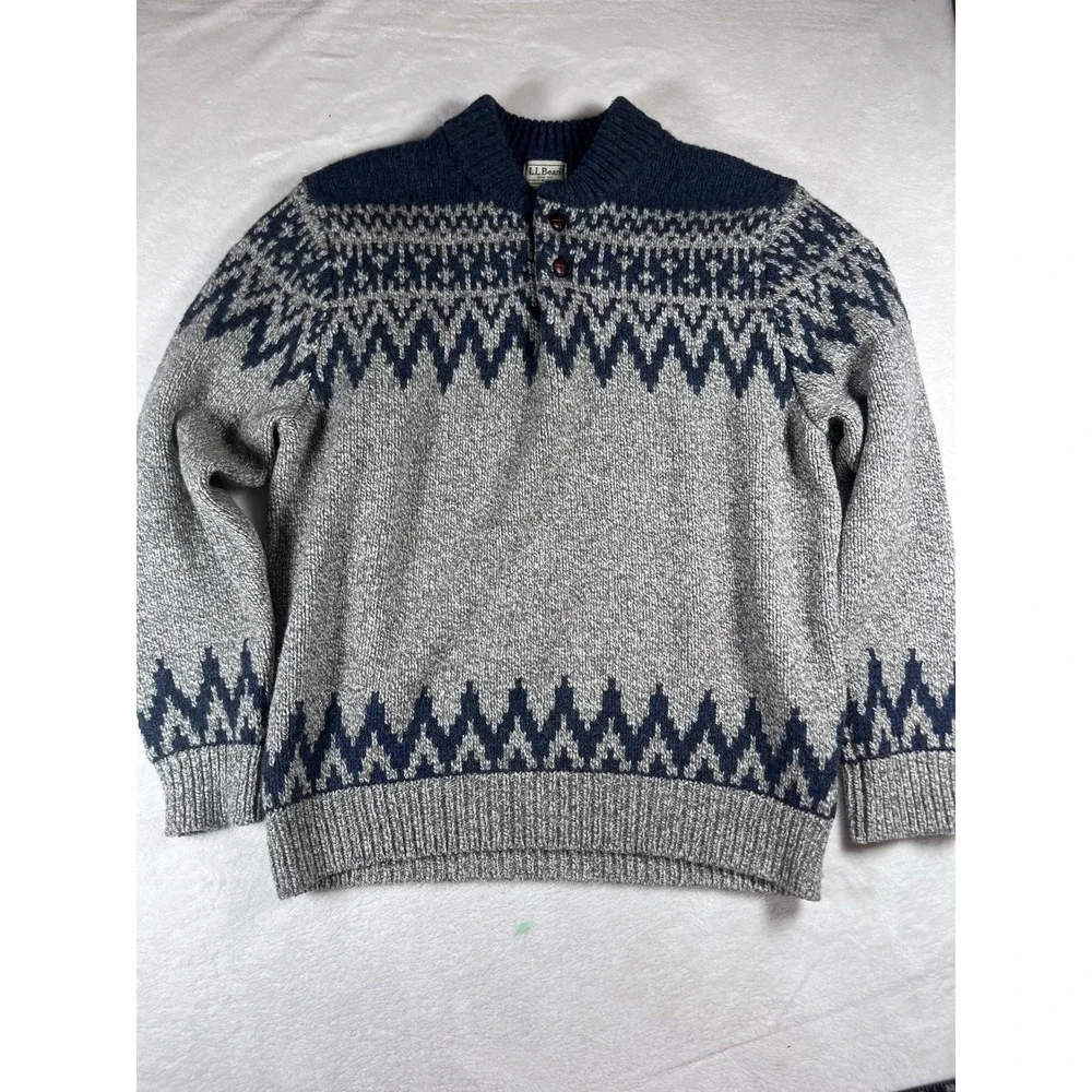 LL Bean 100% Lambswool Fair Isle Nordic Sweater Mens L Gray Blue Wool Pullover